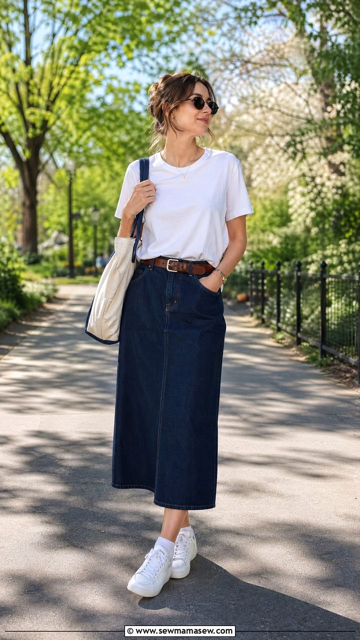 Navy Blue Denim Skirt with White Tee - 35 Spring outfits in navy blue