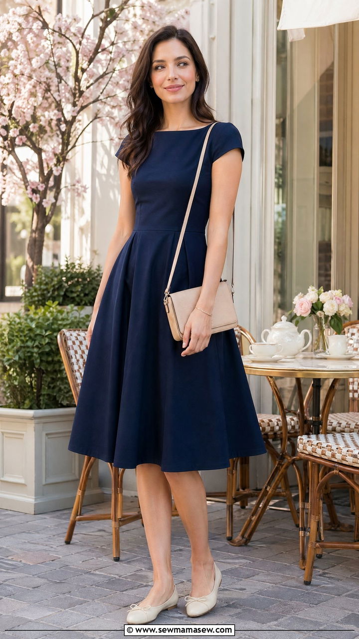 Navy Blue Fit and Flare Dress with Ballet Flats - 35 Spring outfits in navy blue
