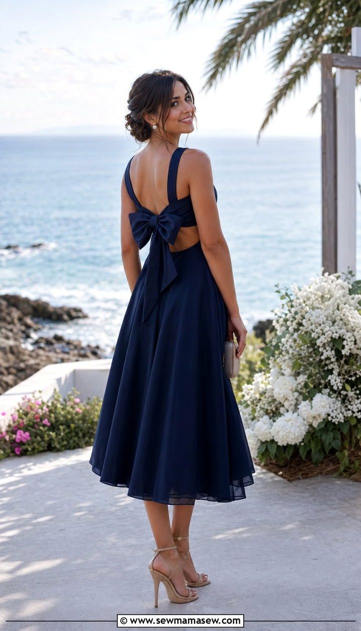 Navy Blue Fit and Flare Dress with Strappy Heels - 35 Outdoor wedding guest outfit ideas