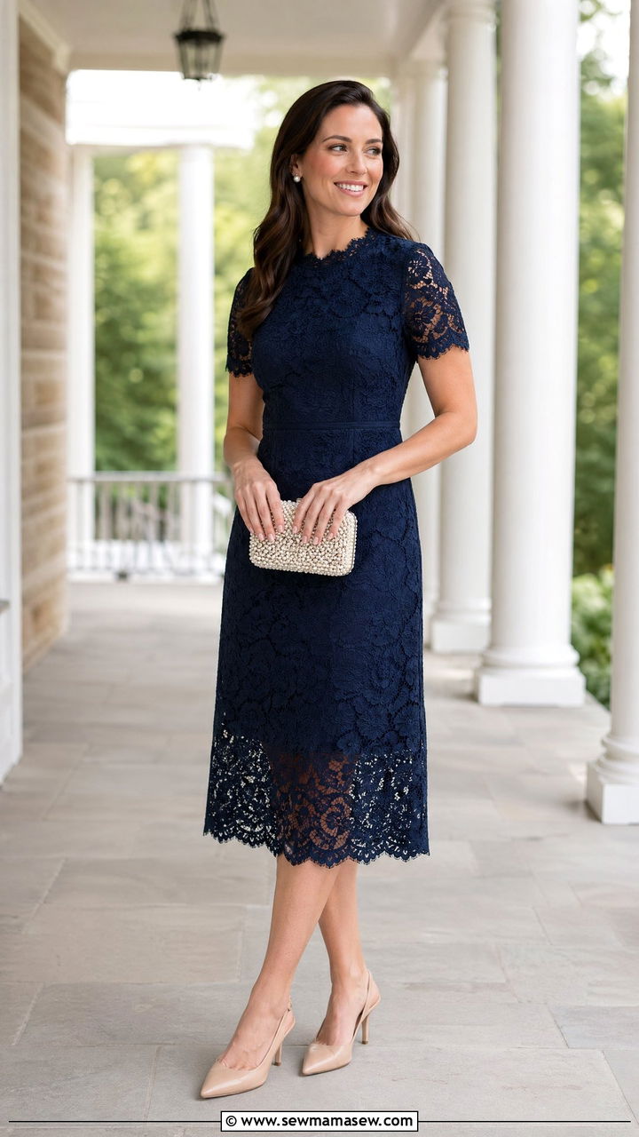 Navy Blue Lace Midi Dress with Nude Slingbacks - 35 spring wedding guest outfit ideas for women