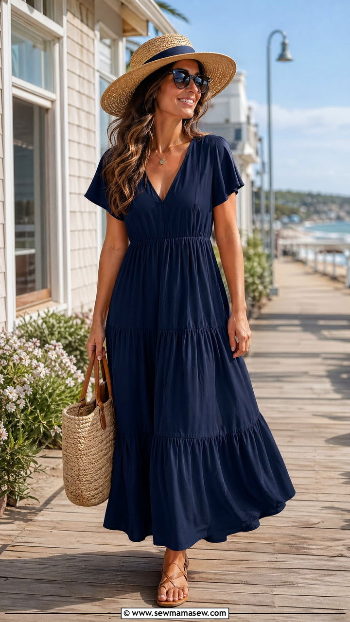 Navy Blue Maxi Dress with Straw Hat - 35 Spring outfits in navy blue