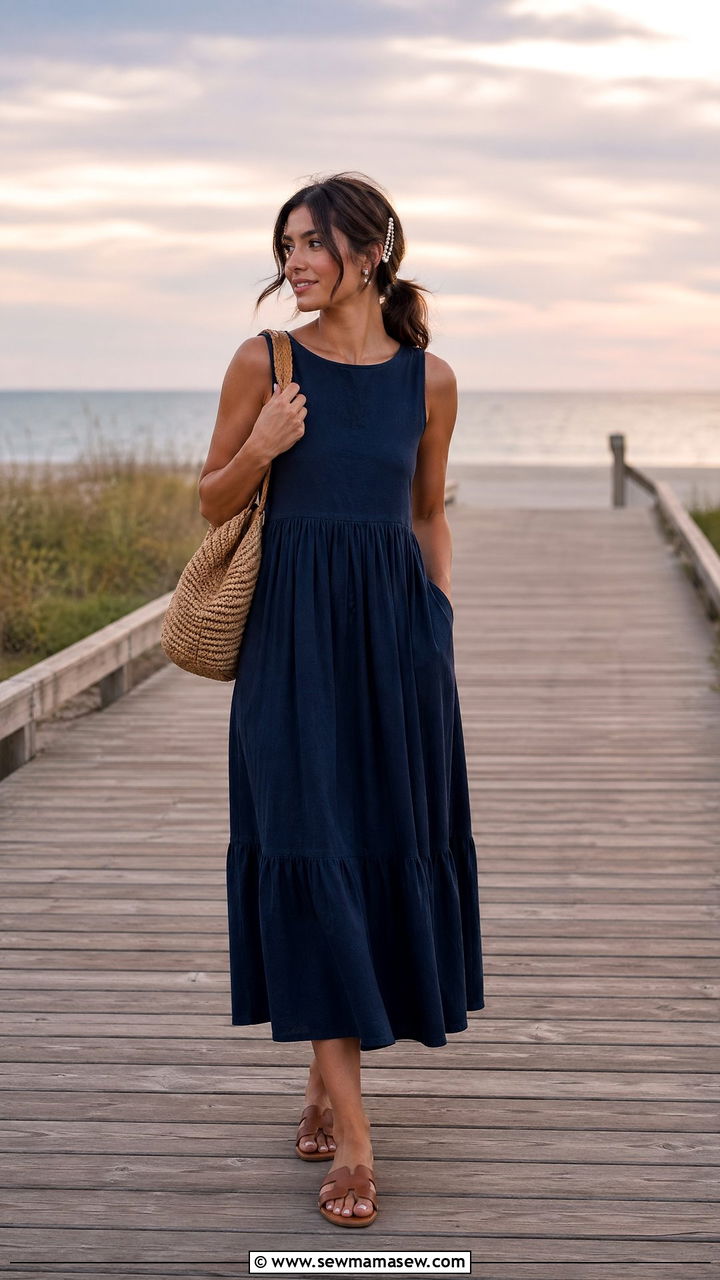 Navy Blue Midi Dress Raffia Bag Outfit - 35 South of France outfit ideas