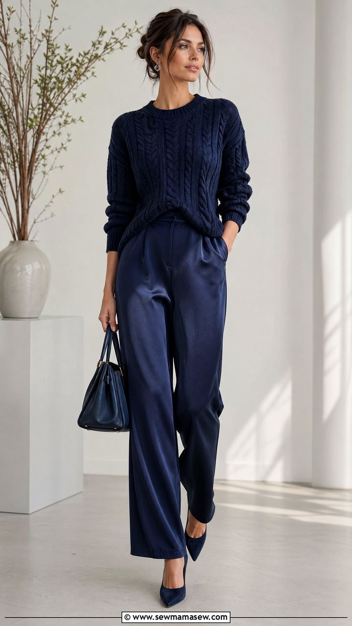 Navy Blue Monochrome Outfit with Different Textures - 35 Spring outfits in navy blue