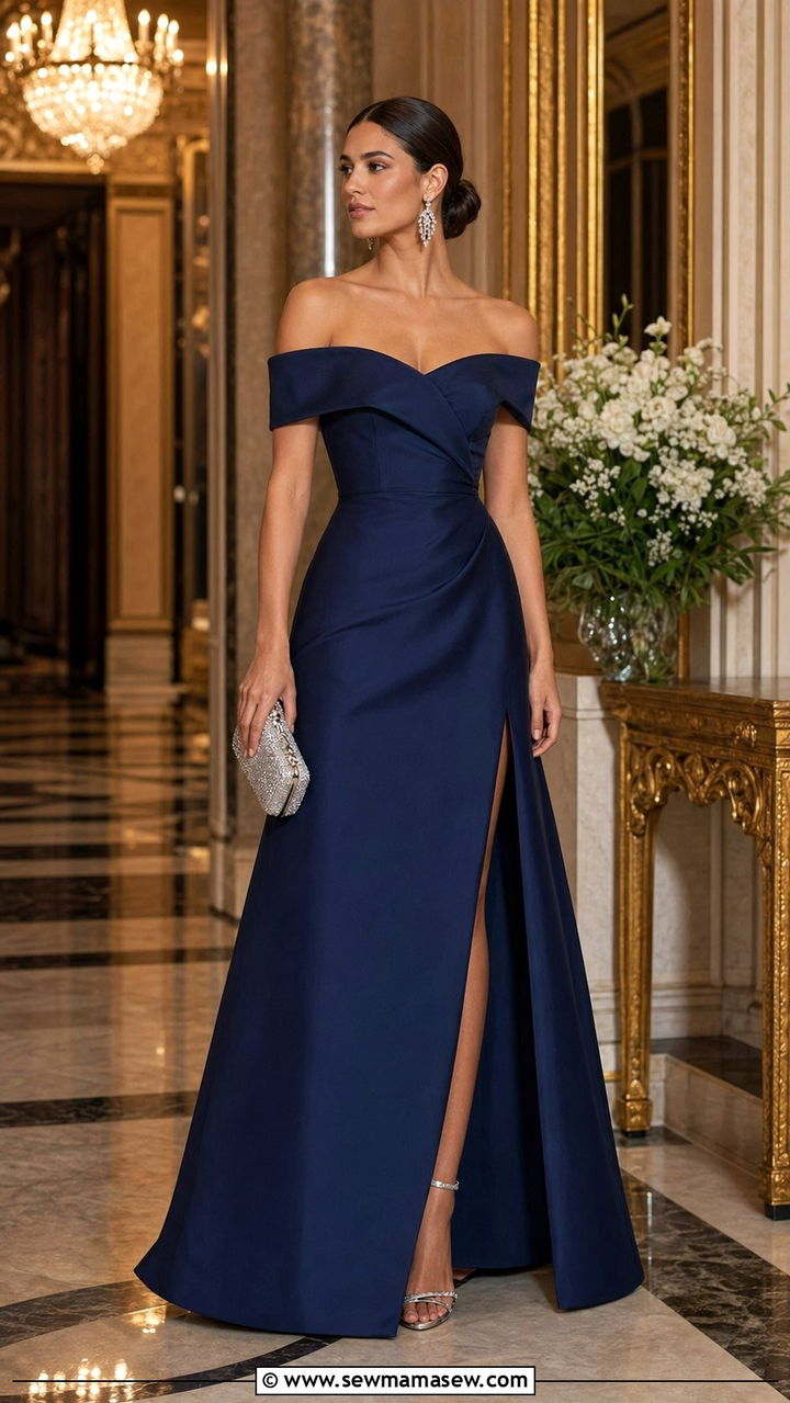 Navy Blue Off Shoulder Gown - 30 Black tie wedding guest outfit ideas