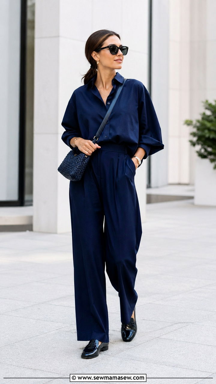 Navy Blue Oversized Shirt and Wide Leg Trousers Outfit - 40 All navy blue outfit ideas