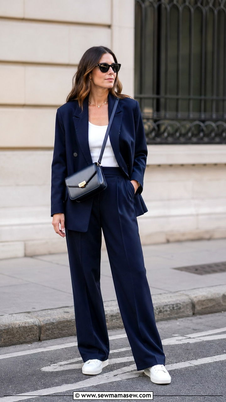 Navy Blue Pantsuit with White Sneakers - 40 All blue outfit ideas