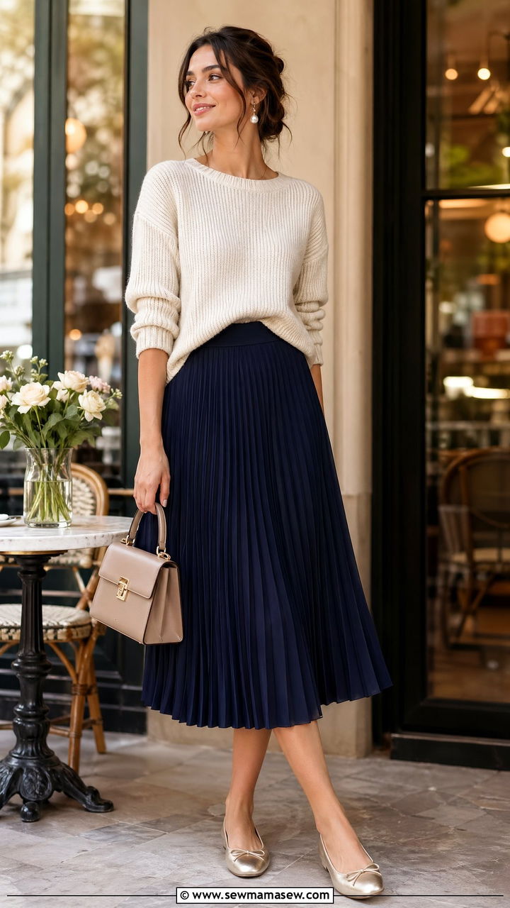 Navy Blue Pleated Midi Skirt with Sweater - 35 Spring outfits in navy blue