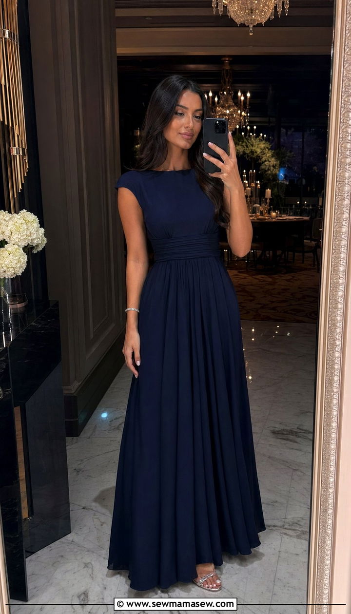 Navy Blue Pleated Waist Maxi Dress - 30 Wedding guest outfits for mom