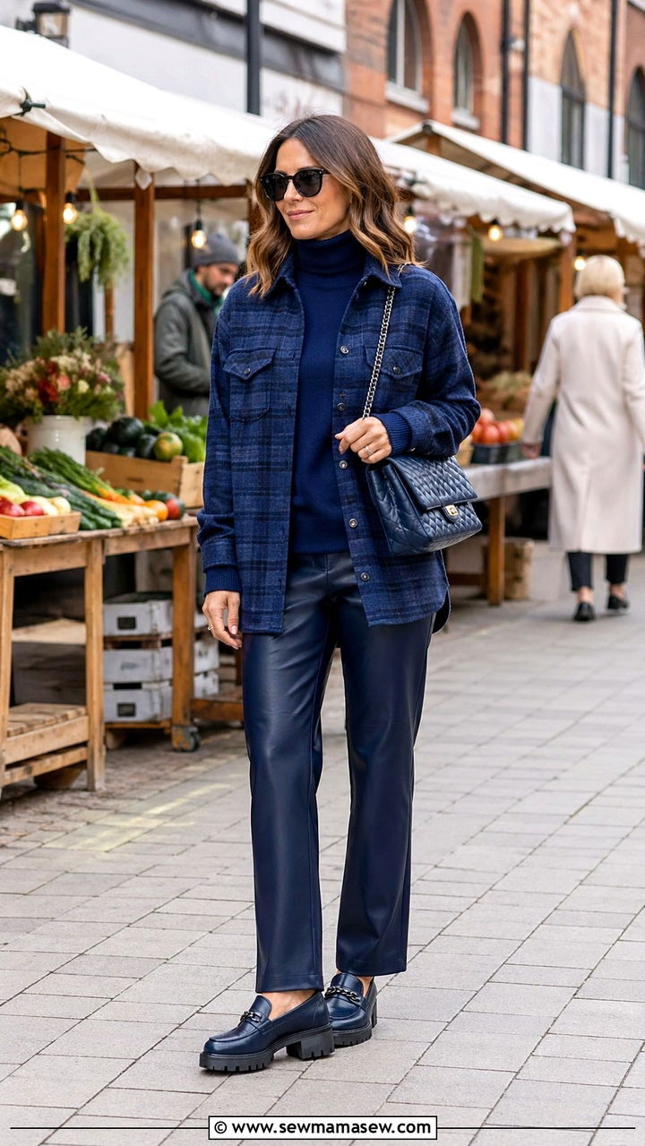 Navy Blue Shacket and Leather Pants Outfit - 40 All navy blue outfit ideas