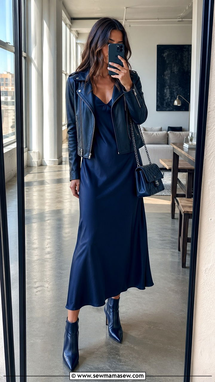 Navy Blue Slip Dress and Leather Jacket Outfit - 40 All navy blue outfit ideas