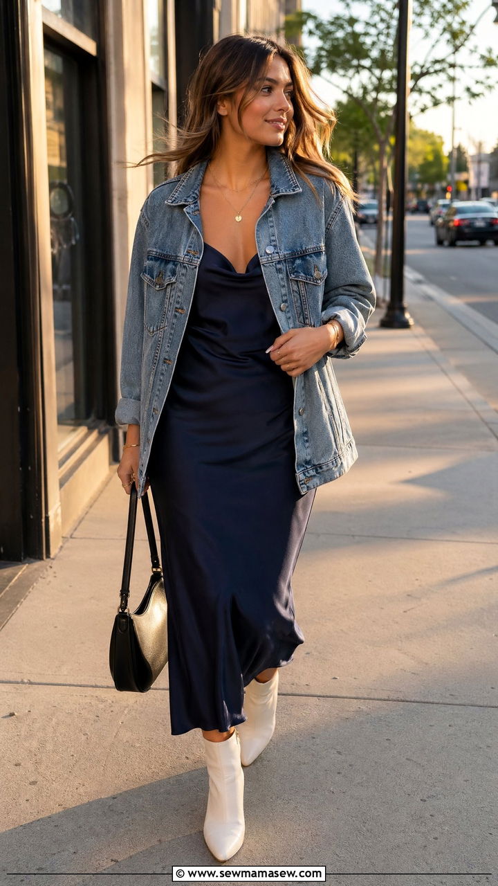 Navy Blue Slip Dress with Denim Jacket - 35 Spring outfits in navy blue