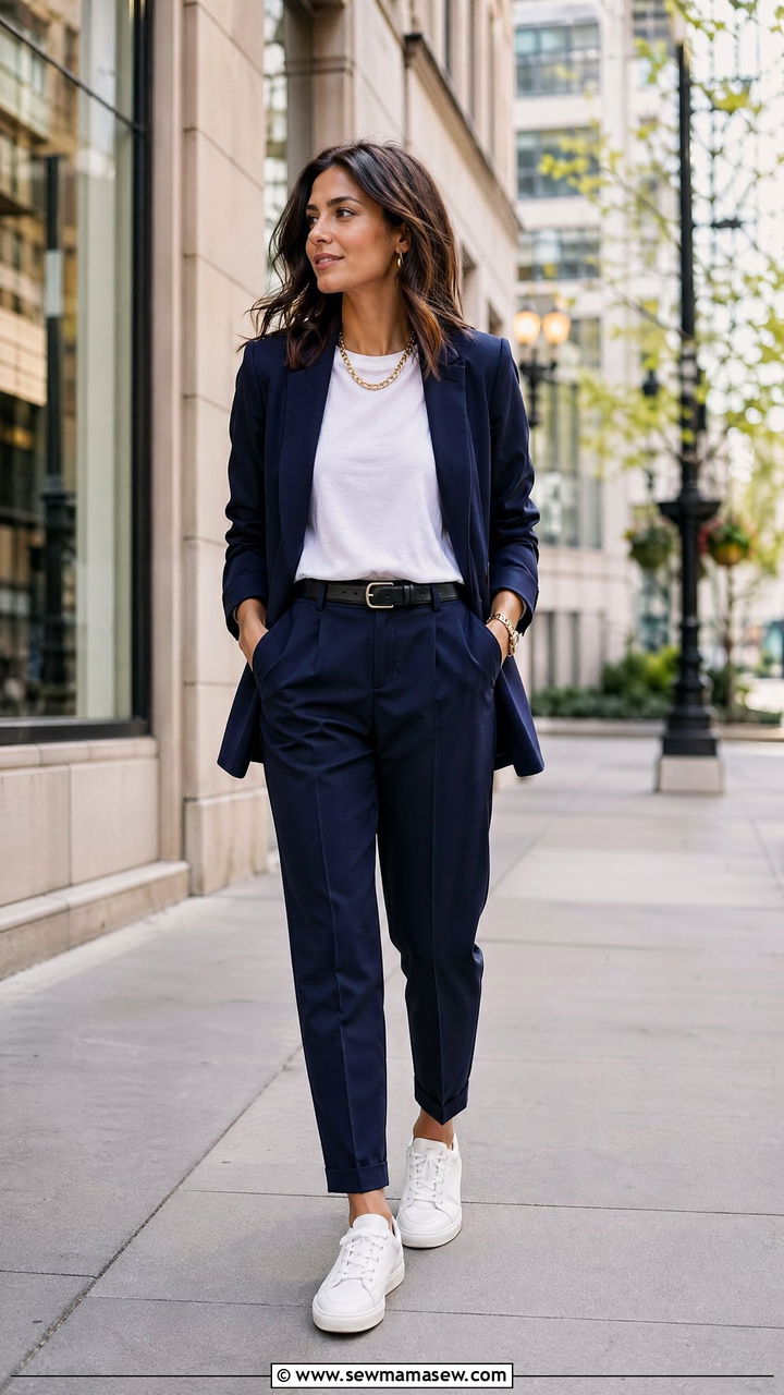 Navy Blue Suit with White Sneakers - 35 Spring outfits in navy blue