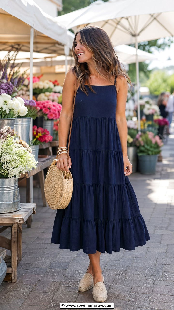 Navy Blue Tiered Dress with Espadrilles - 35 Spring outfits in navy blue