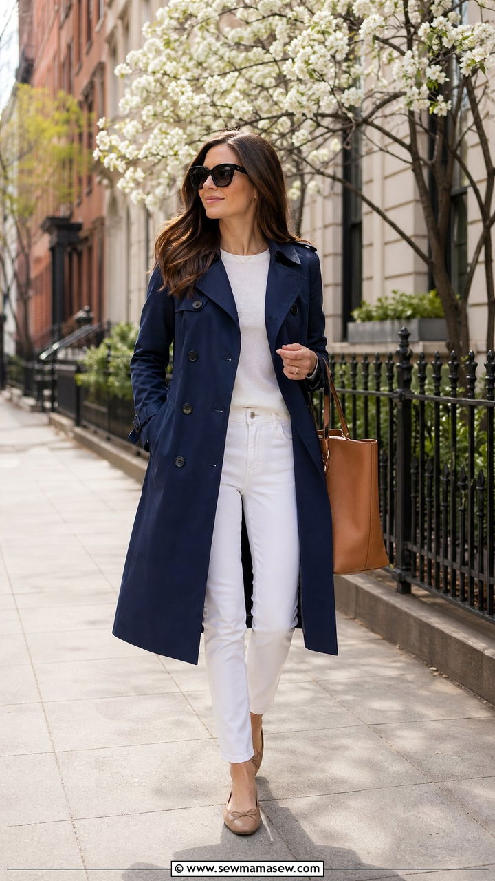 Navy Blue Trench Coat with White Jeans and Flats - 35 Spring outfits in navy blue