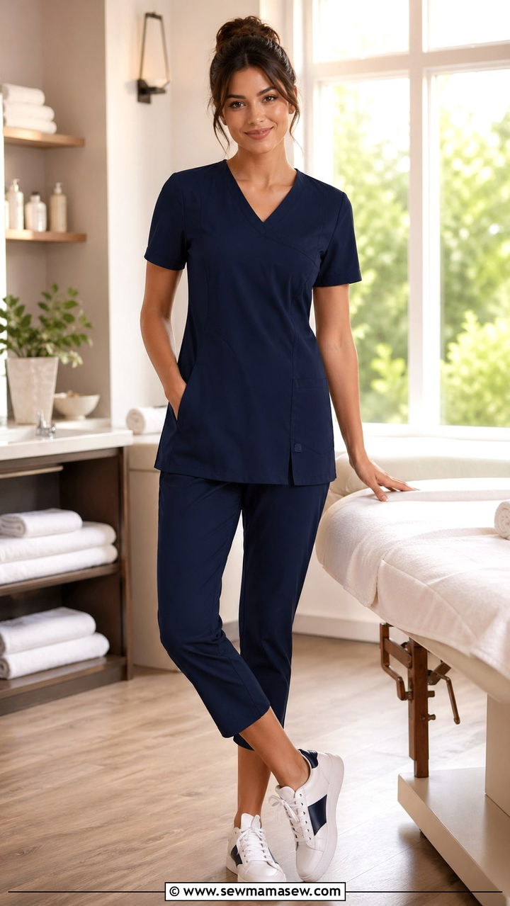 Navy Blue Tunic With Cropped Pants Esthetician Outfit - 30 Spa esthetician outfit ideas