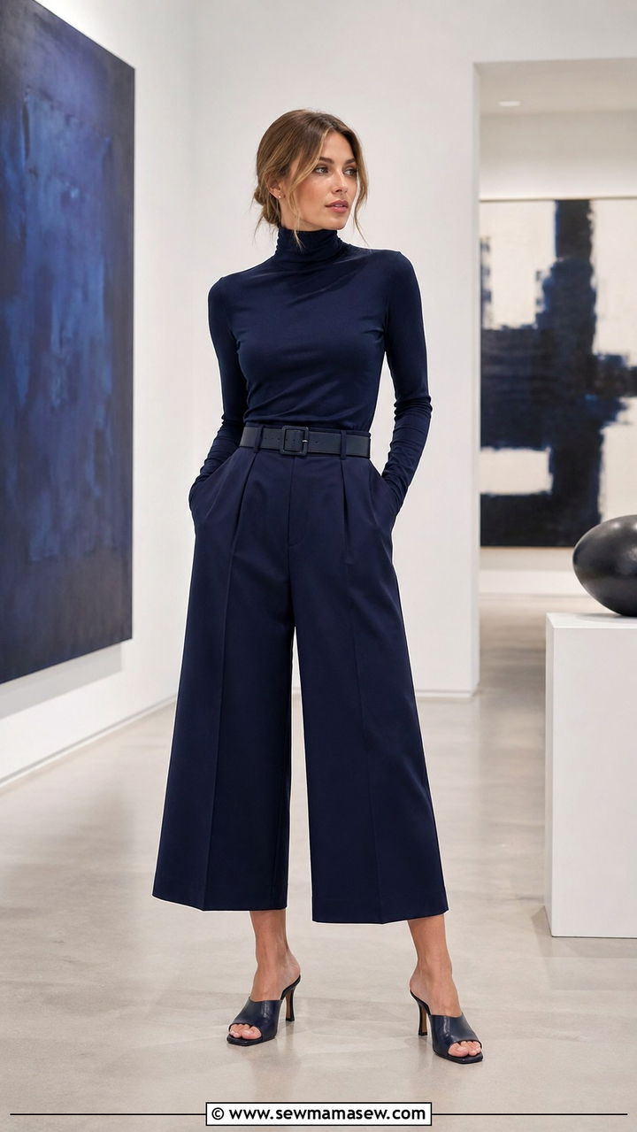 Navy Blue Turtleneck and Tailored Culottes Outfit - 40 All navy blue outfit ideas