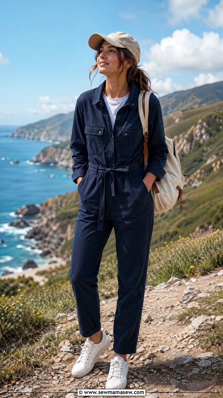 Navy Blue Utility Jumpsuit with White Tee - 35 Spring outfits in navy blue