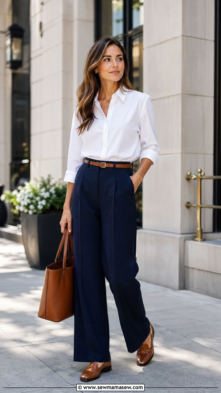 Navy Blue Wide Leg Trousers with White Button Down - 35 Spring outfits in navy blue