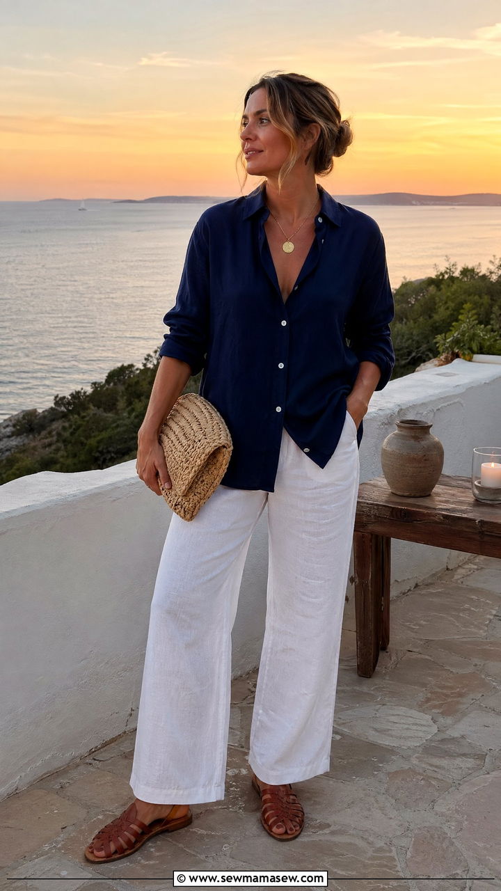 Navy Button Up Shirt and White Linen Trousers - 35 coastal grandmother outfits for women