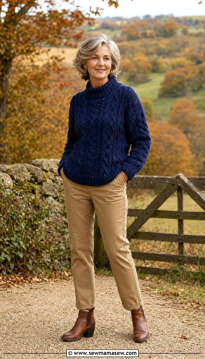 Navy Cable Knit Sweater with Khaki Straight Pants - 35 Petite outfit ideas for women over 60