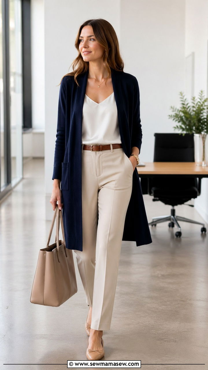 Navy Cardigan With Beige Straight Leg Trousers - 30 Second round interview outfits