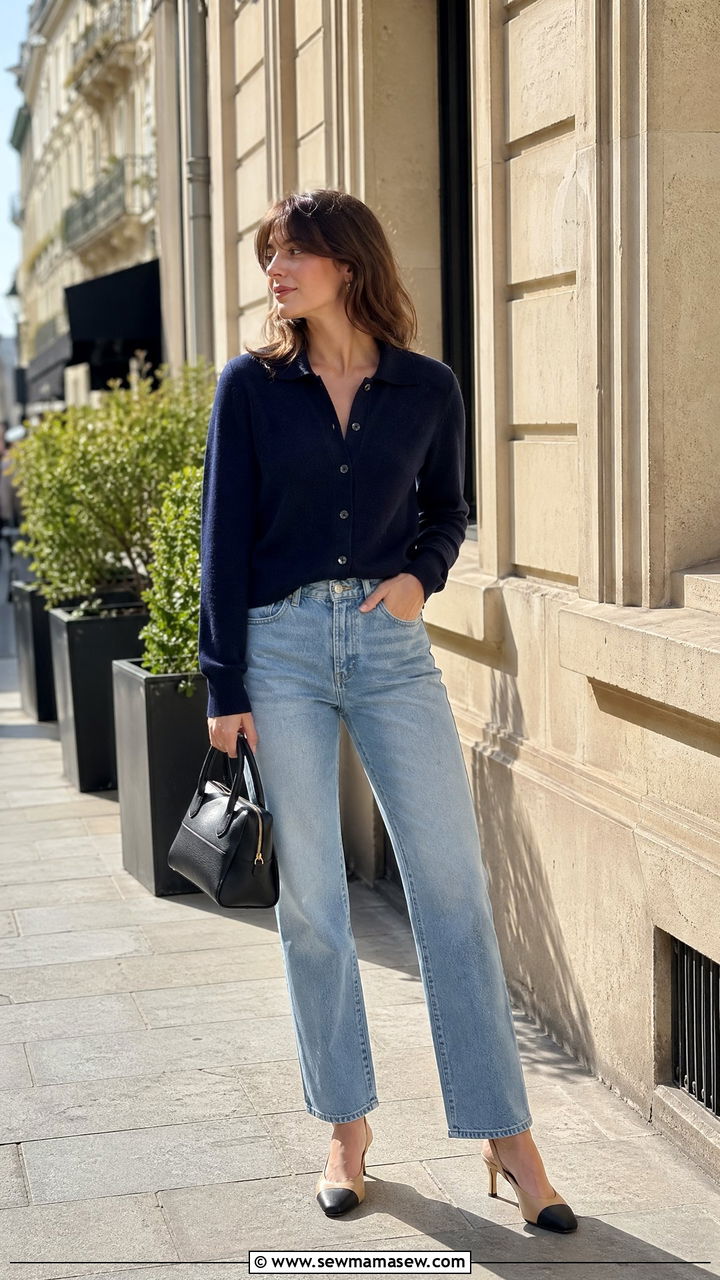 Navy Cardigan With Light Wash Jeans and Slingback Heels - 35 spring french girl outfit ideas