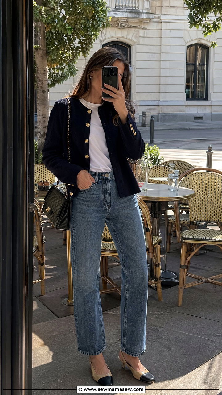 Navy Cardigan with Straight Leg Jeans and Slingbacks - 35 Spring Paris outfit ideas