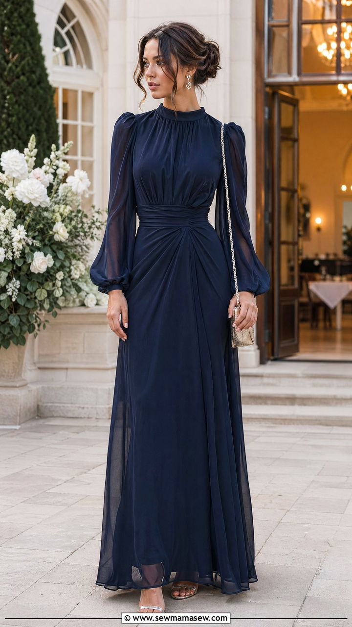 Navy Chiffon Gown With Puff Sleeves - 35 wedding guest outfits