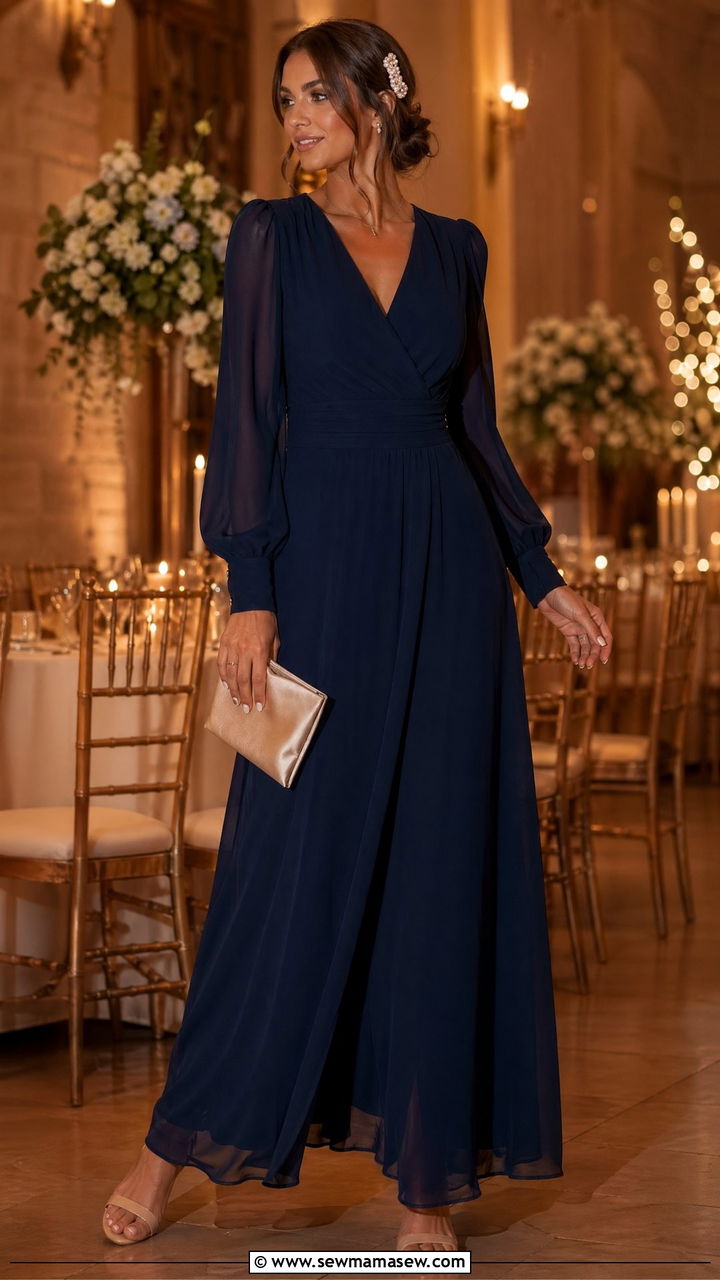 Navy Chiffon Maxi Dress With Puff Sleeves - 35 wedding guest outfit ideas for women