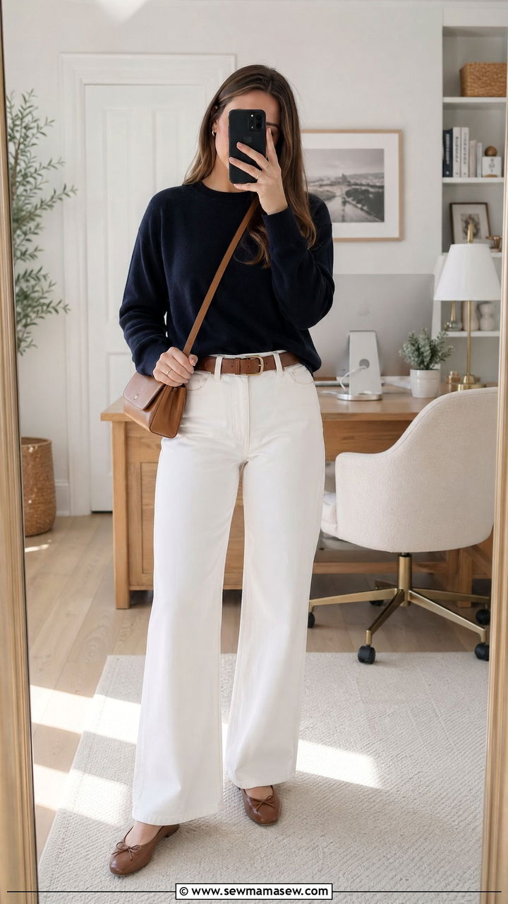 Navy Crewneck Sweater with White Wide Leg Jeans - 35 what to wear to the office