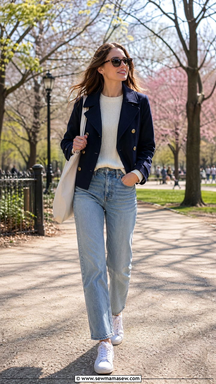 Navy Cropped Peacoat With Light Wash Jeans - 35 spring navy outfit ideas
