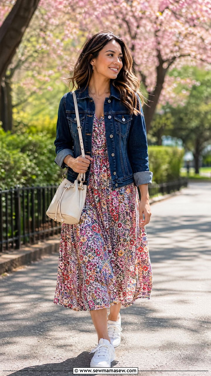 Navy Denim Jacket With Floral Midi Dress - 35 spring navy outfit ideas