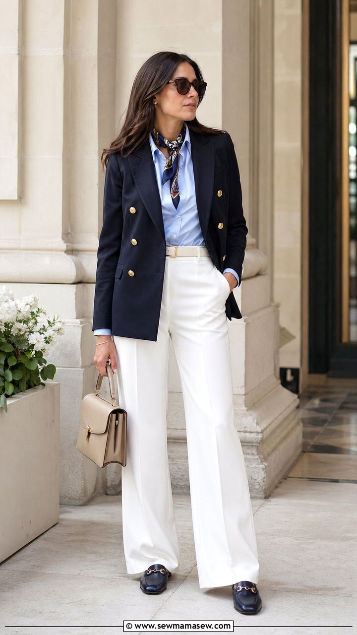 Navy Double Breasted Blazer With Pale Blue Shirt And Wide Leg Whites - 35 spring old money outfits