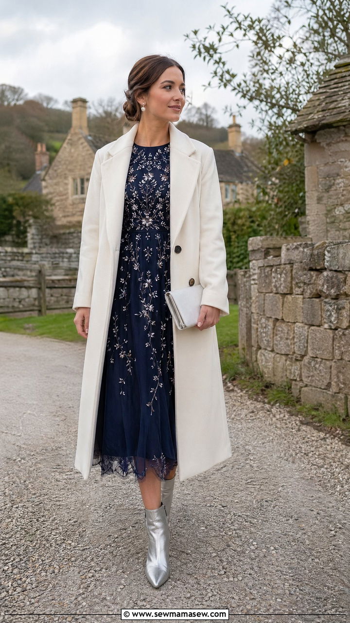 Navy Embroidered Dress with Long Ivory Coat - 35 Countryside wedding guest outfit ideas