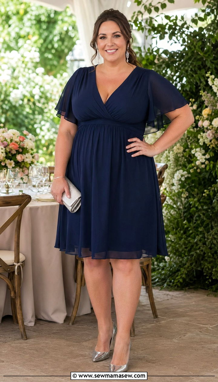 Navy Empire Waist Dress With Ruffle Sleeves - 30 wedding guest outfits for apple shaped body