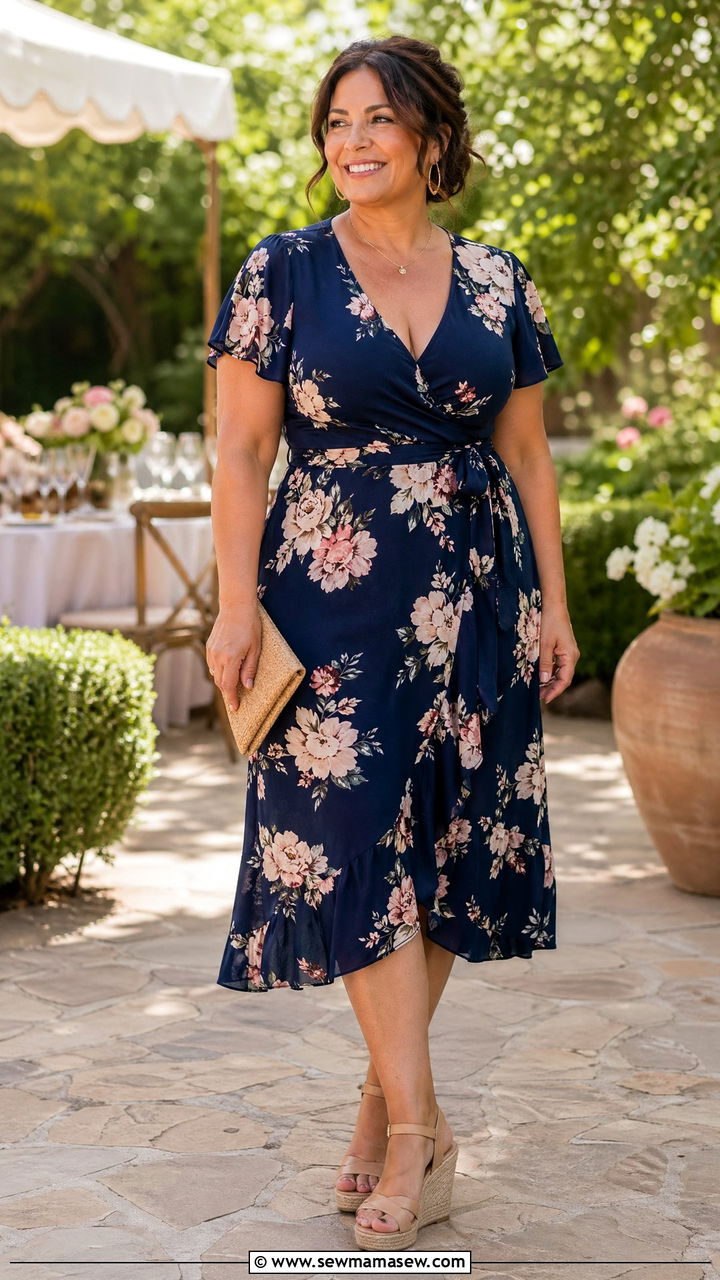 Navy Floral Midi Wrap Dress with Wedges - 35 Curvy outfits for women over 40