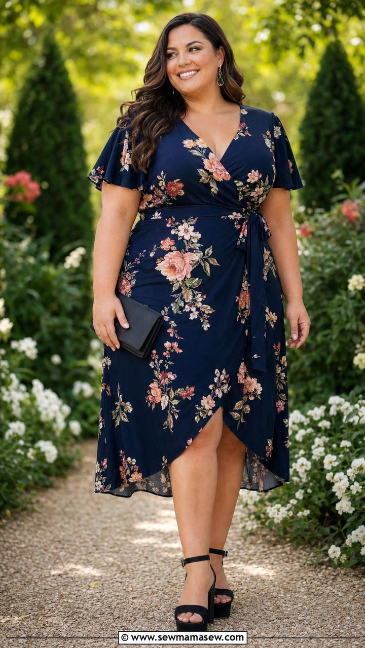 Navy Floral Wrap Dress With Platform Sandals - 35 Plus size summer outfits