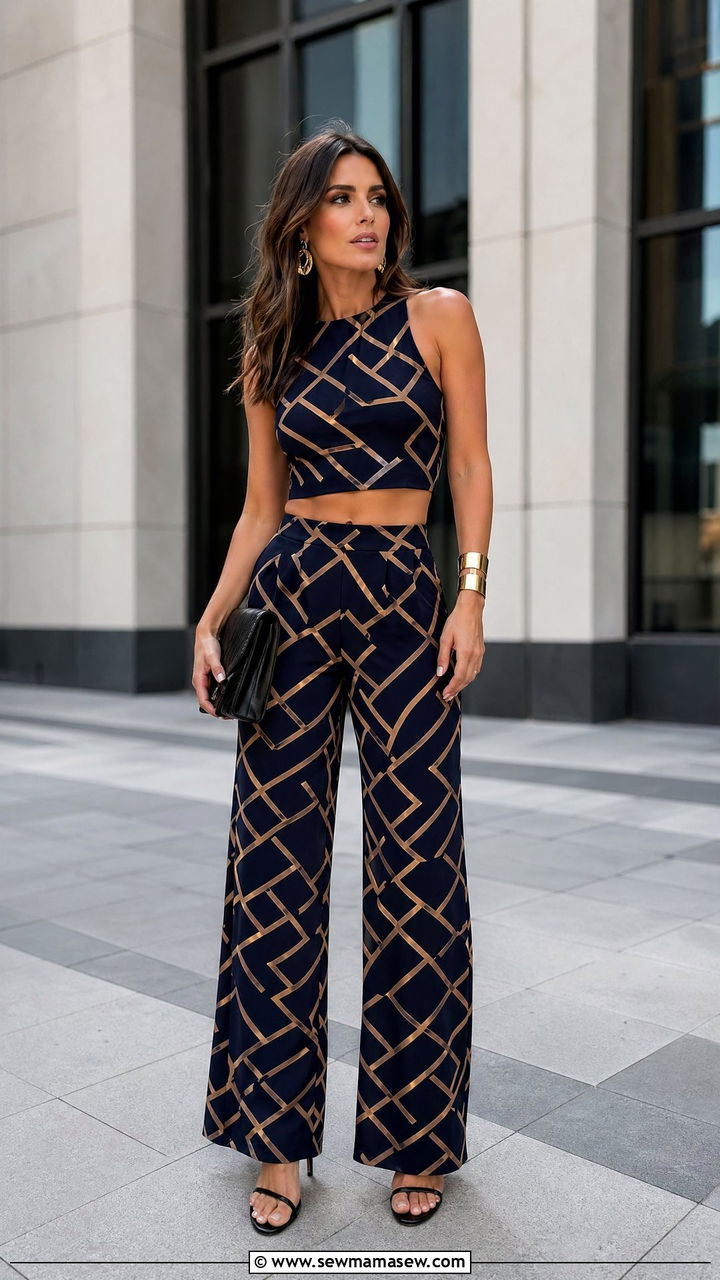 Navy Geometric Print Two Piece Set - 35 wedding guest outfit ideas for women