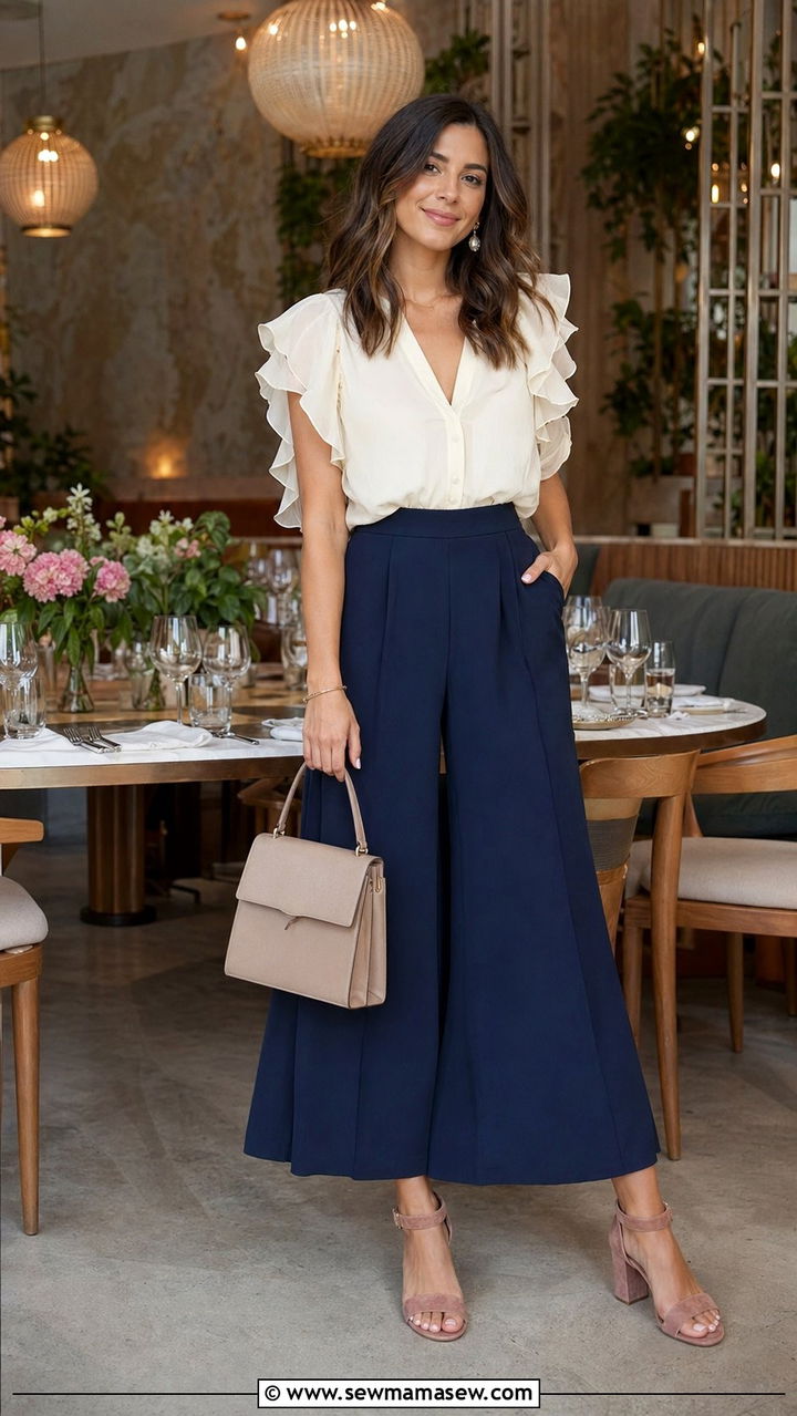 Navy High Waisted Culottes and Ruffled Blouse - 30 Baby shower outfits for guests