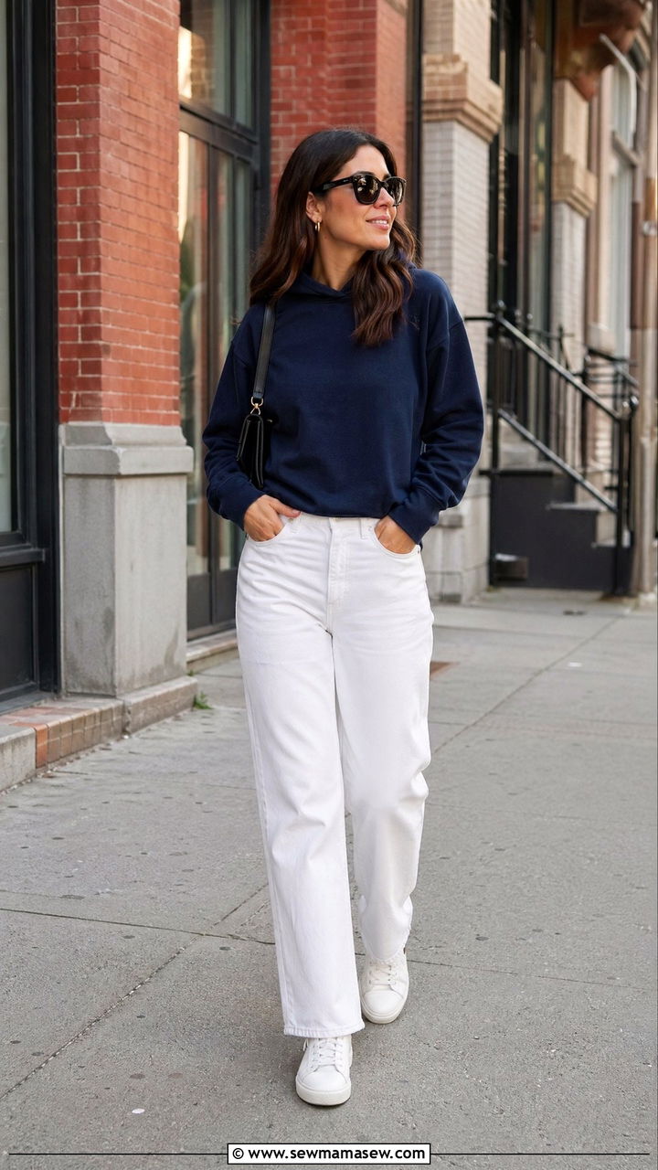 Navy Hoodie With White Straight Leg Jeans - 35 spring navy outfit ideas