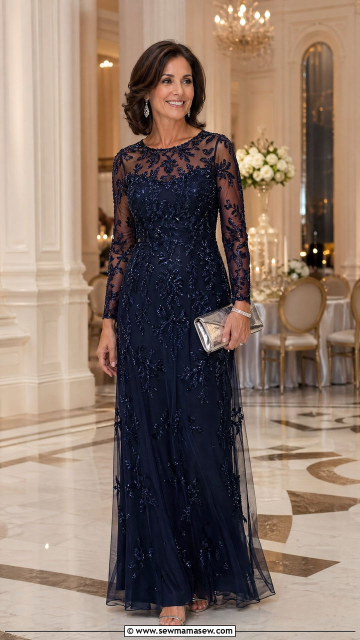 Navy Illusion Sleeve Gown for Black Tie Wedding - 35 Wedding guest outfits for women over 40
