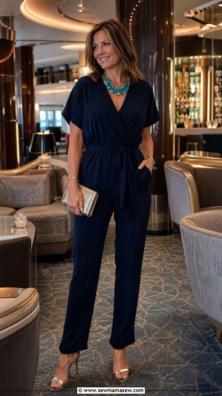 Navy Jumpsuit With Statement Necklace Cruise Outfit - 35 cruise outfits for women over 40