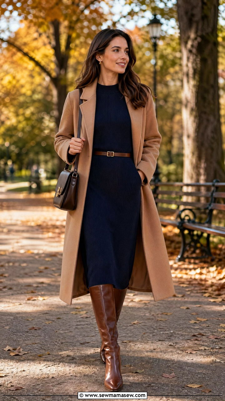Navy Knit Dress With Leather Knee Boots - 35 classy quiet luxury outfits