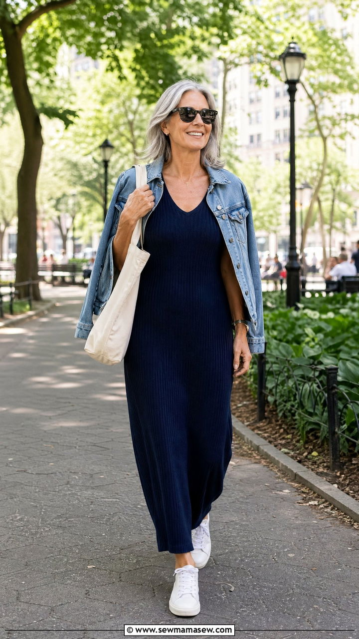 Navy Knit Maxi Dress With White Sneakers And Denim Jacket - 35 Summer outfits for women over 50