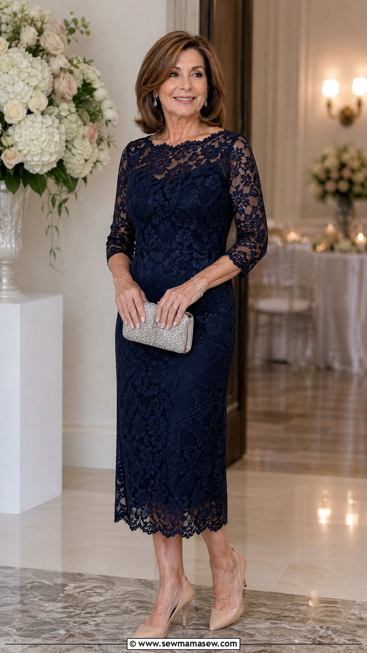 Navy Lace Midi Dress with Nude Heels - 35 Wedding guest outfits for women over 50