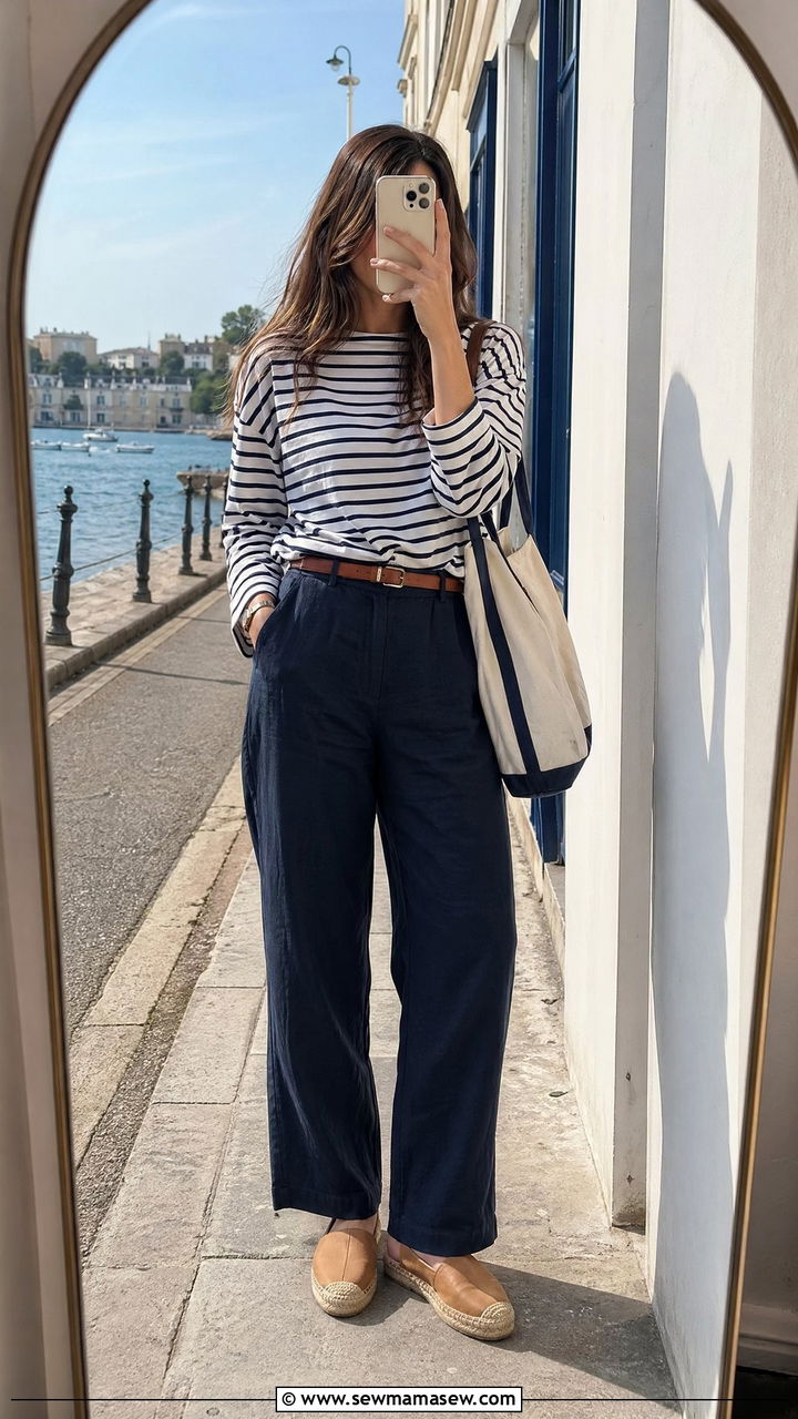Navy Linen Pants With Breton Stripe Top - 35 cute linen pants outfits