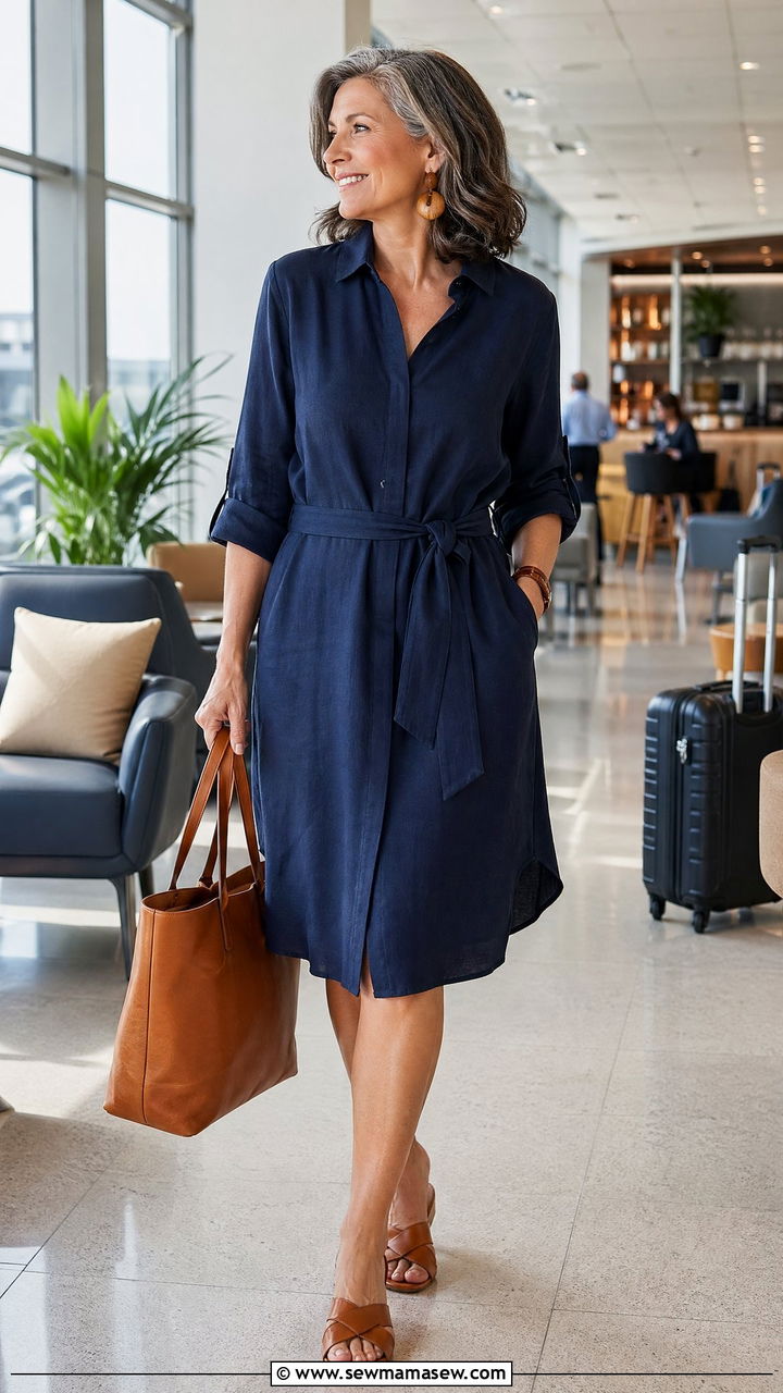 Navy Linen Shirt Dress With Cognac Leather Sandals - 35 Summer outfits for women over 50