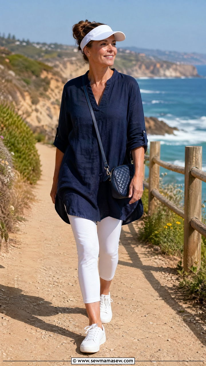 Navy Linen Tunic and White Cropped Leggings - 35 coastal grandmother outfits for women