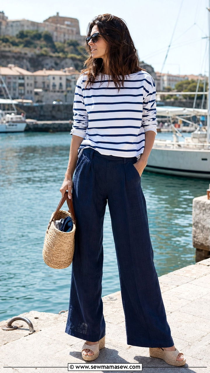 Navy Linen Wide Leg Trousers With a Striped Breton Top and Wedge Espadrilles - 30 Wide leg trousers outfit ideas for summer
