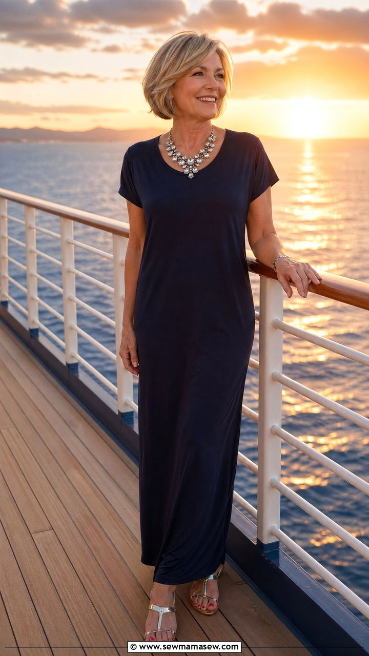 Navy Maxi Dress With Metallic Sandals For Cruise Dinner - 35 Travel outfits for women over 50